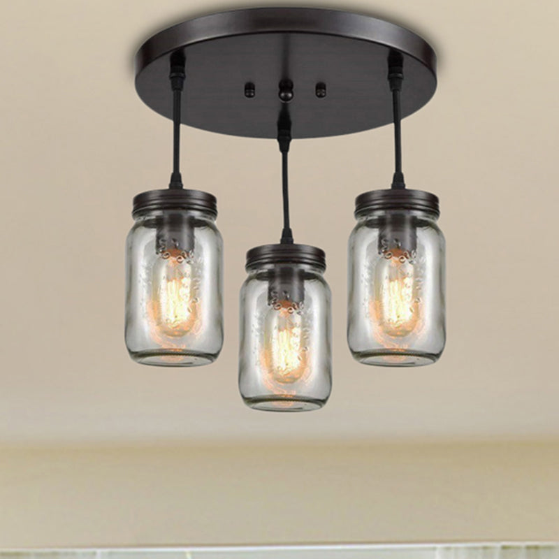 3 Lights Clear Etched Glass Cluster Pendant Light Industrial Black Mason Jar Living Room Ceiling Lighting