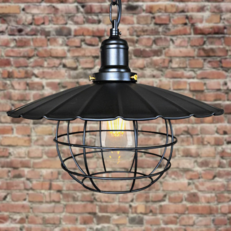 Black 1 Light Pendant Lighting Industrial Metal Scalloped Hanging Lamp for Indoor with Cage