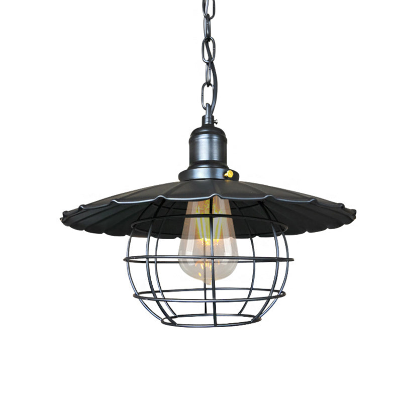 Black 1 Light Pendant Lighting Industrial Metal Scalloped Hanging Lamp for Indoor with Cage