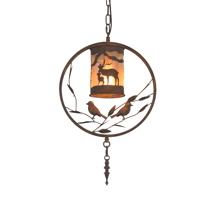 Rust Cylinder Wall Lighting Vintage Style Metal 1 Light Dining Room Sconce Lamp with Fabric and Bird