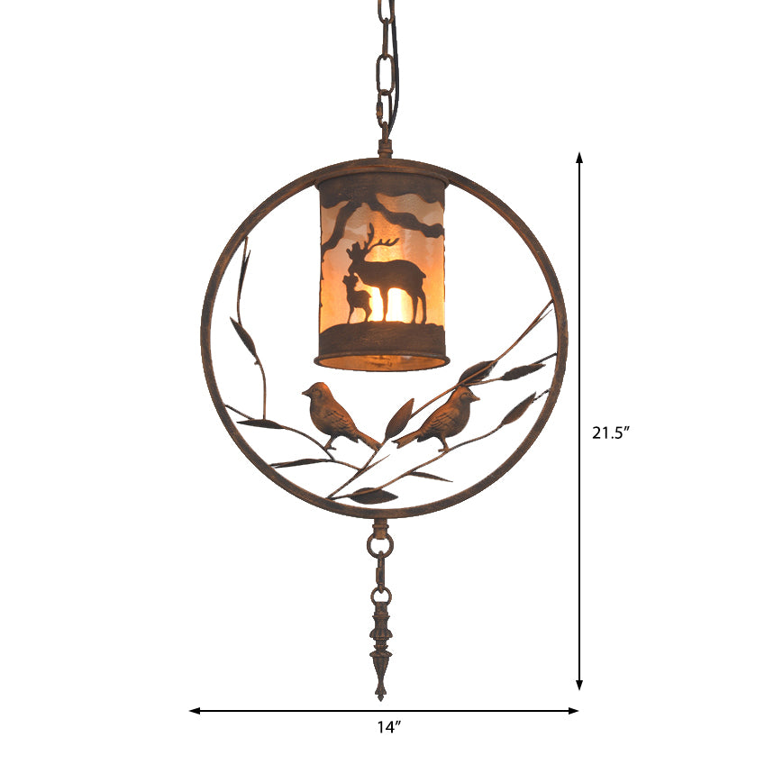 Rust Cylinder Wall Lighting Vintage Style Metal 1 Light Dining Room Sconce Lamp with Fabric and Bird