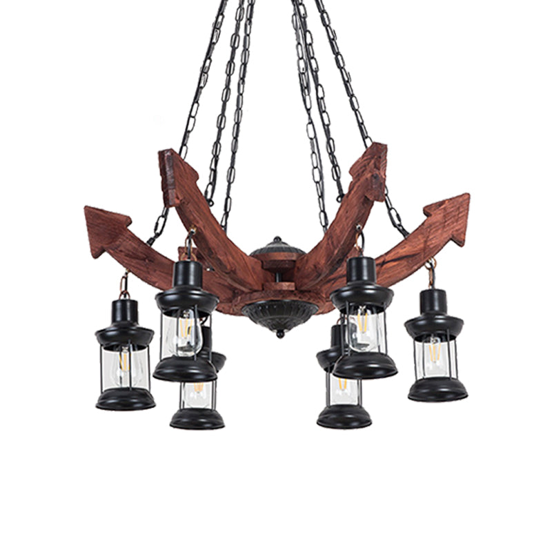 6 Light Ceiling Light Coastal Kerosene Clear Glass Hanging Chandelier in Black for Dining Room