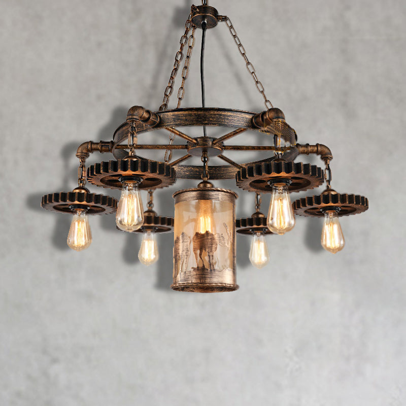 Metal Cylinder Hanging Chandelier Vintage 5/7 Light Dining Room Pendant Light in Bronze with Gear