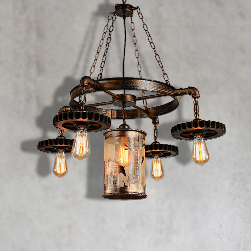 Metal Cylinder Hanging Chandelier Vintage 5/7 Light Dining Room Pendant Light in Bronze with Gear