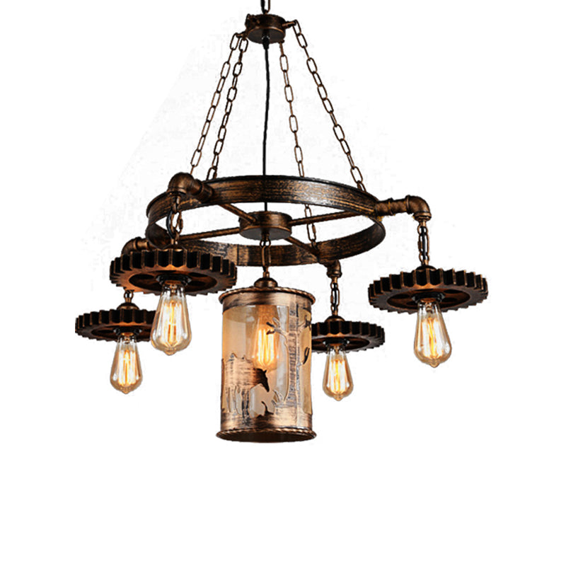 Metal Cylinder Hanging Chandelier Vintage 5/7 Light Dining Room Pendant Light in Bronze with Gear