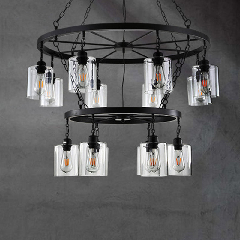 Cylinder Dining Room Ceiling Chandelier Industrial Clear Glass 6/14 Light Black Hanging Fixture with Chain