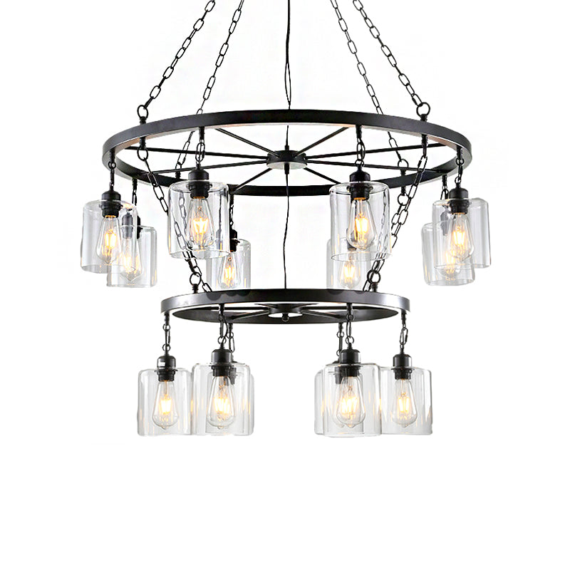 Cylinder Dining Room Ceiling Chandelier Industrial Clear Glass 6/14 Light Black Hanging Fixture with Chain