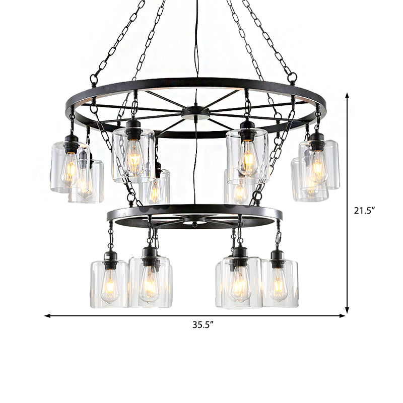 Cylinder Dining Room Ceiling Chandelier Industrial Clear Glass 6/14 Light Black Hanging Fixture with Chain