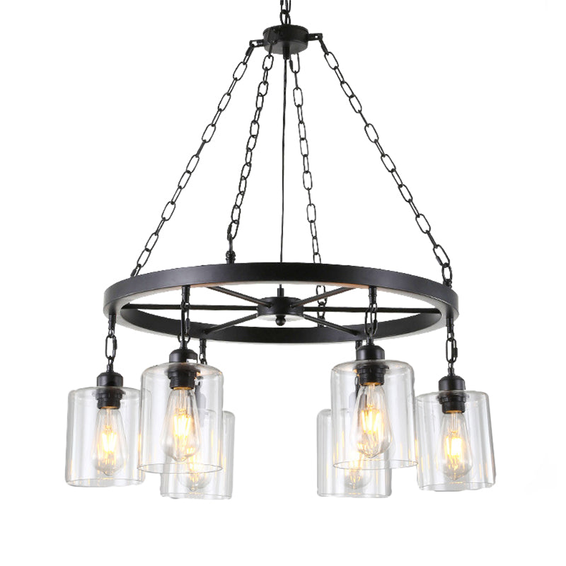 Cylinder Dining Room Ceiling Chandelier Industrial Clear Glass 6/14 Light Black Hanging Fixture with Chain