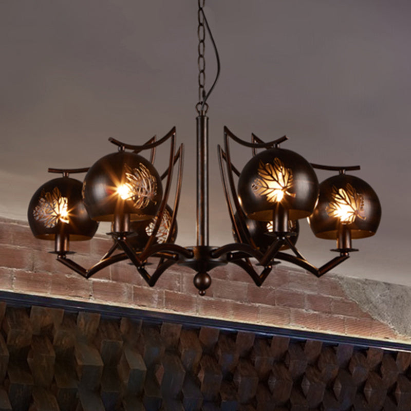 6 Light Ceiling Light Vintage Bubbled Etched Metal Hanging Chandelier in Rust for Dining Room