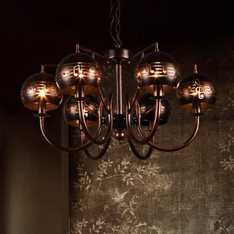 6 Light Ceiling Light Vintage Bubbled Etched Metal Hanging Chandelier in Rust for Dining Room