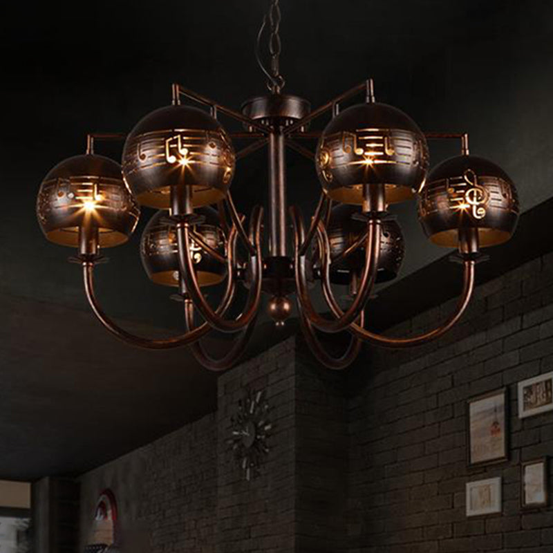 6 Light Ceiling Light Vintage Bubbled Etched Metal Hanging Chandelier in Rust for Dining Room