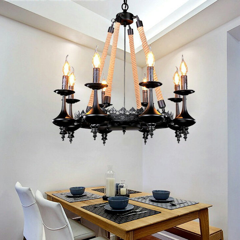 Metal and Rope Pendant Chandelier Rustic 3/6/8 Light Black Candle Dining Room Hanging Ceiling Fixture