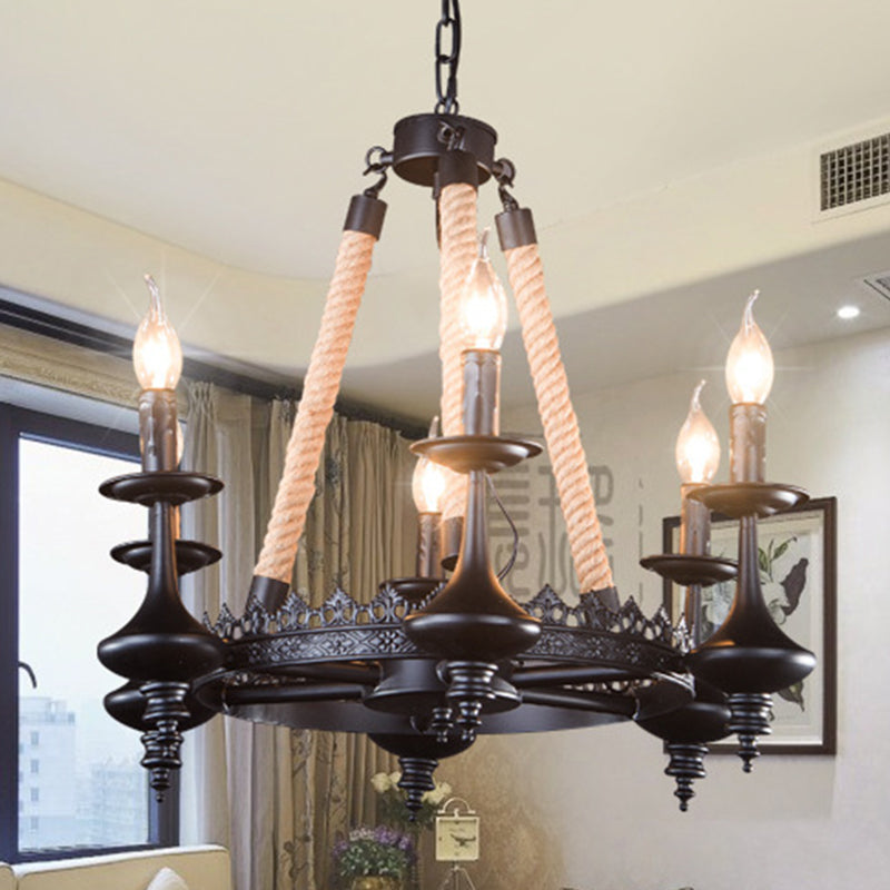 Metal and Rope Pendant Chandelier Rustic 3/6/8 Light Black Candle Dining Room Hanging Ceiling Fixture