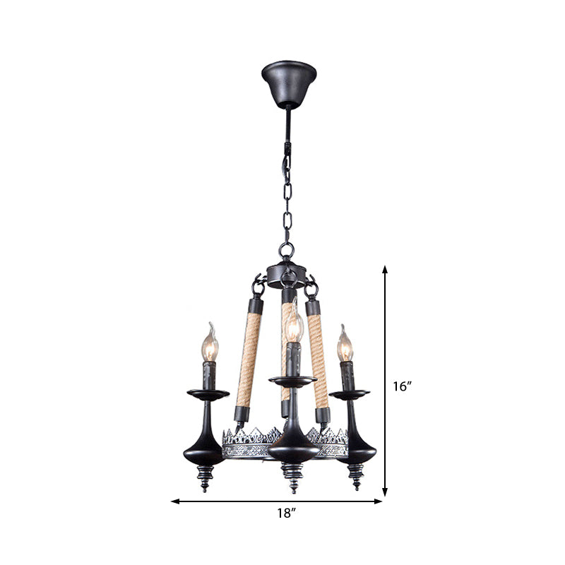 Metal and Rope Pendant Chandelier Rustic 3/6/8 Light Black Candle Dining Room Hanging Ceiling Fixture