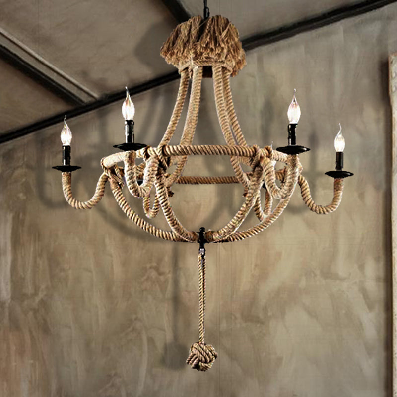 Candle Rope Light Chandelier Rustic Style 3/6 Lights Dining Room Pendant Lighting in Beige