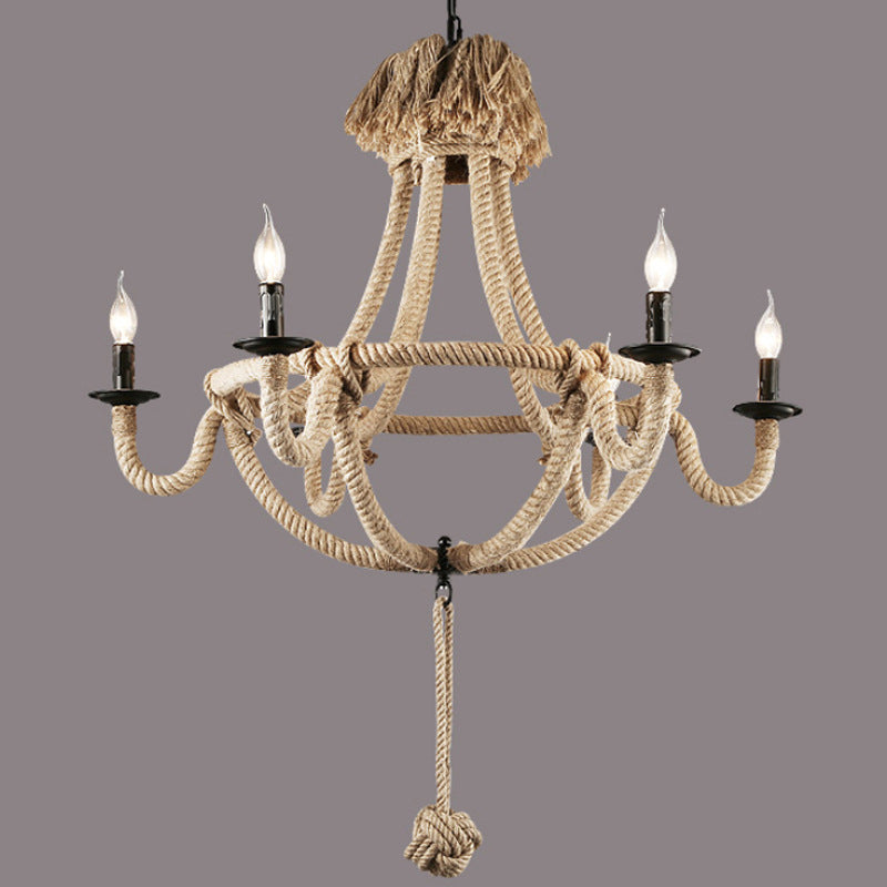 Candle Rope Light Chandelier Rustic Style 3/6 Lights Dining Room Pendant Lighting in Beige