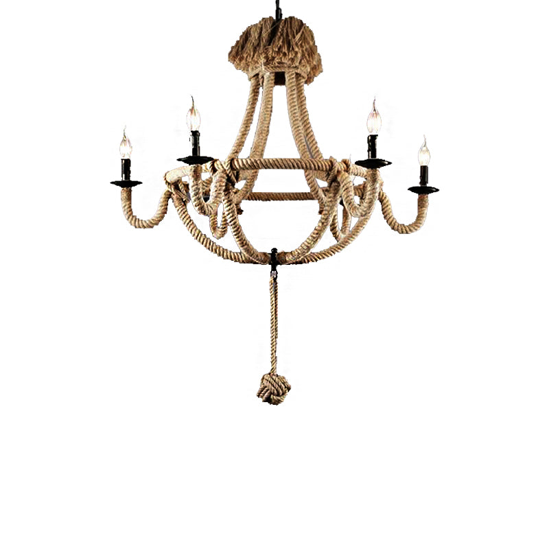 Candle Rope Light Chandelier Rustic Style 3/6 Lights Dining Room Pendant Lighting in Beige