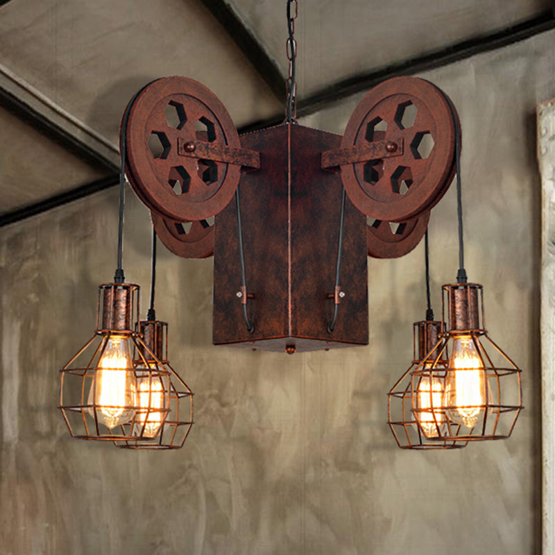 Metal Rust Pendant Lamp Caged Globe 4/6 Light Industrial Chandelier Light Fixture with Gear