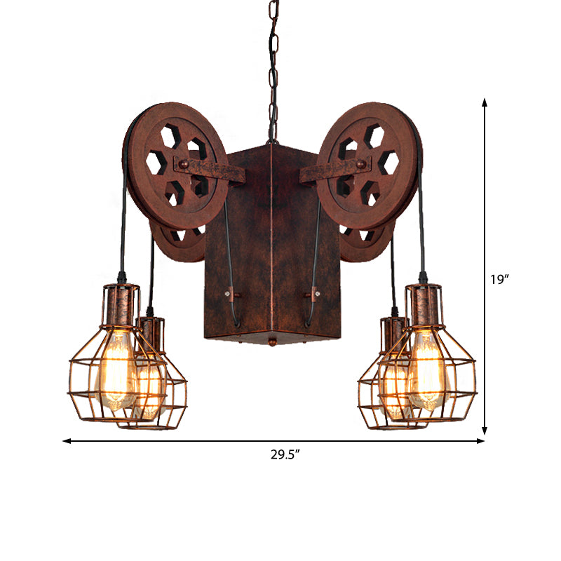 Metal Rust Pendant Lamp Caged Globe 4/6 Light Industrial Chandelier Light Fixture with Gear