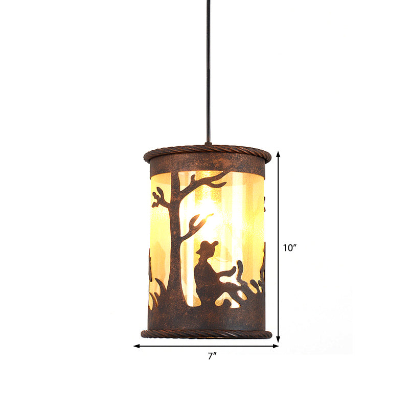 1 Light Cylinder Pendant Lighting Fixture Vintage Rust Metal Hanging Ceiling Light with Fabric and Art Design