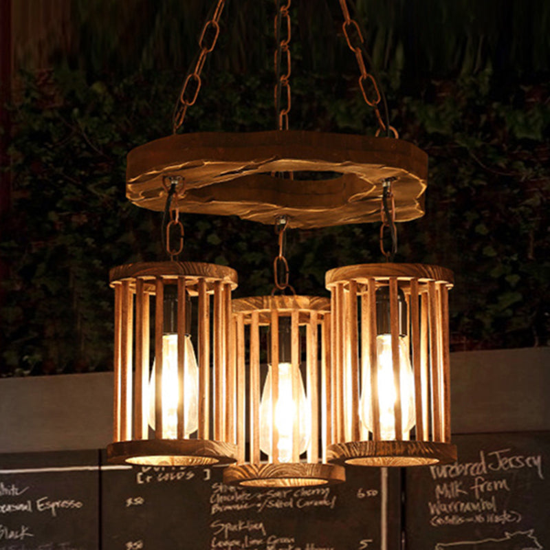 3-Light Wood Hanging Chandelier Industrial Black Cylinder Dining Room Pendant Light Fixture with Chain