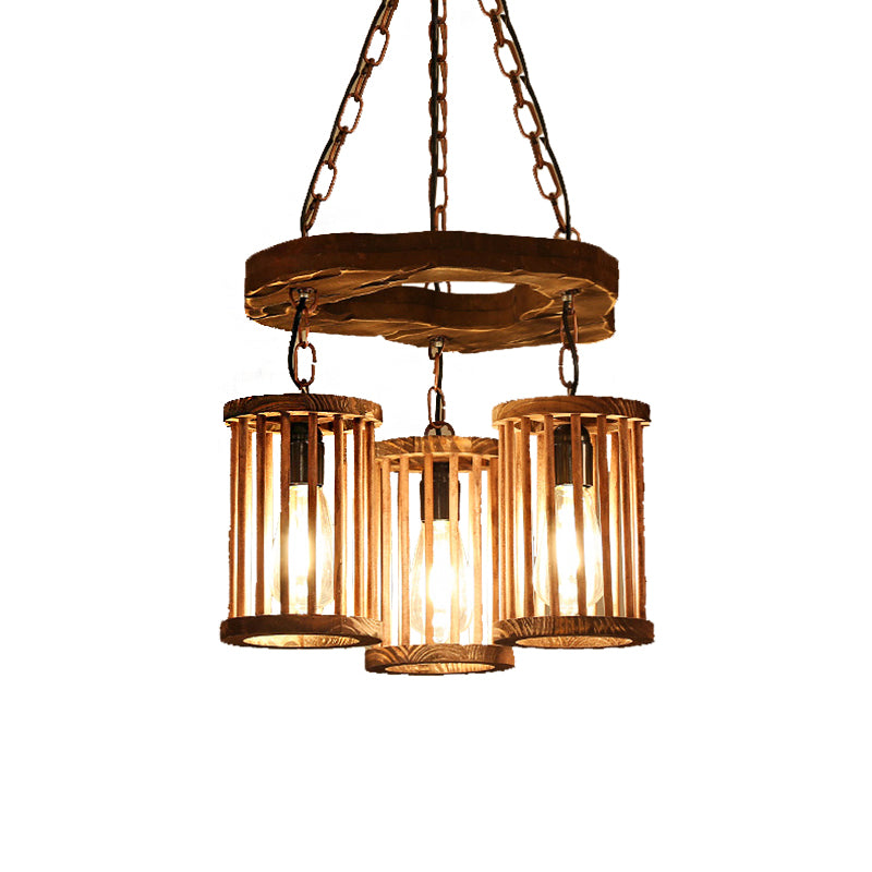 3-Light Wood Hanging Chandelier Industrial Black Cylinder Dining Room Pendant Light Fixture with Chain