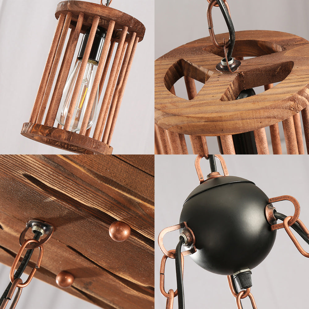 3-Light Wood Hanging Chandelier Industrial Black Cylinder Dining Room Pendant Light Fixture with Chain