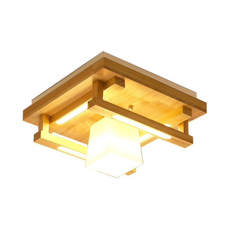 Wood Square Flush Mount Verlichting Modernist 1/4/9 Lichten Bruin Led Flush Mount Licht met witte glazen kubieke tint in wit/warm licht