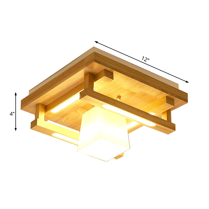 Wood Square Flush Mount Lighting Modernist 1/4/9 Lights Brown Led Flush Mount Light with White Glass Cubic Shade in White / Warm Light