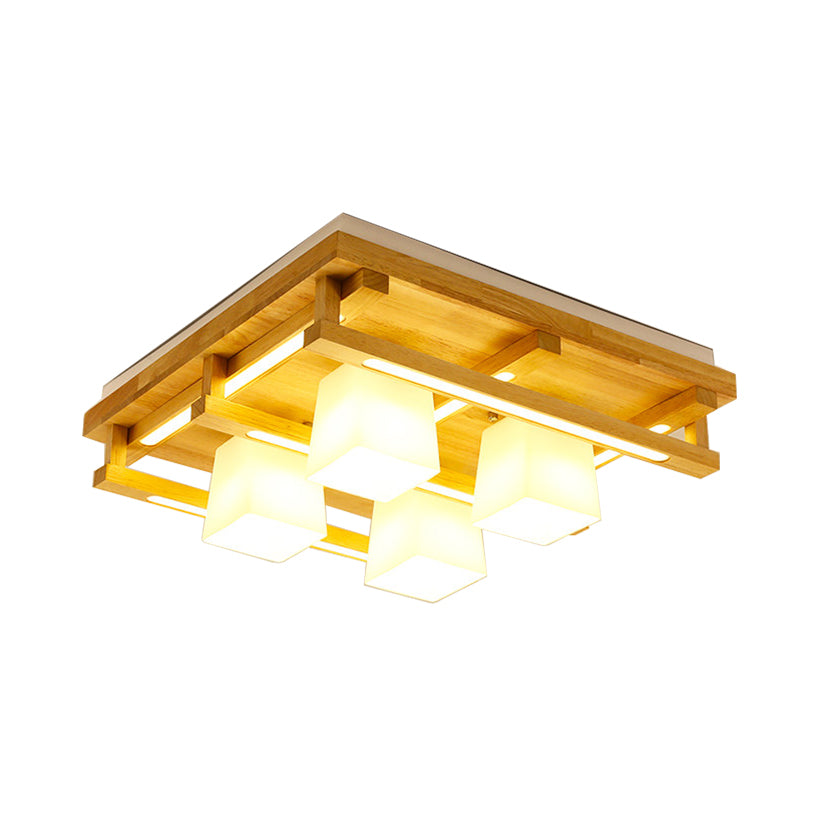 Wood Square Flush Mount Verlichting Modernist 1/4/9 Lichten Bruin Led Flush Mount Licht met witte glazen kubieke tint in wit/warm licht