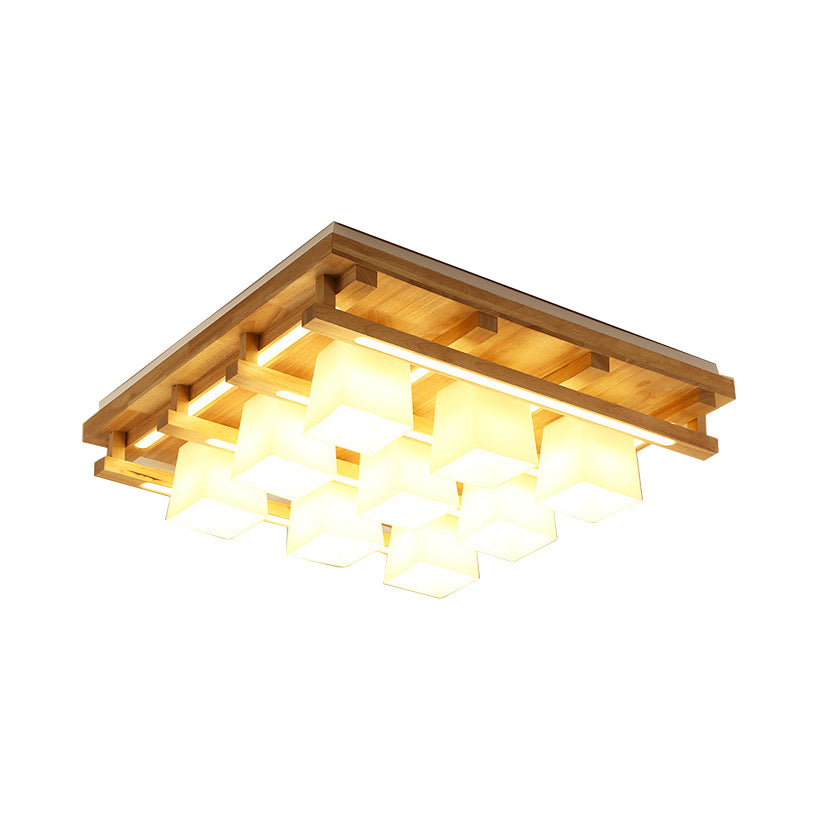 Wood Square Flush Mount Verlichting Modernist 1/4/9 Lichten Bruin Led Flush Mount Licht met witte glazen kubieke tint in wit/warm licht