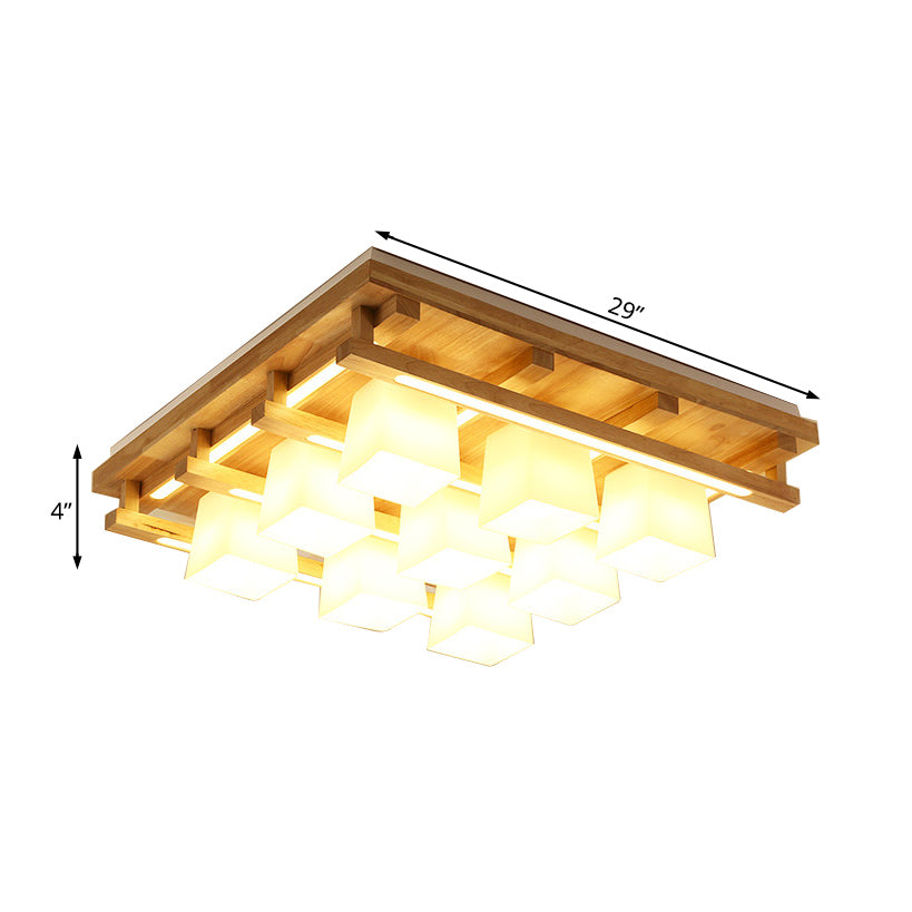 Wood Square Flush Mount Verlichting Modernist 1/4/9 Lichten Bruin Led Flush Mount Licht met witte glazen kubieke tint in wit/warm licht