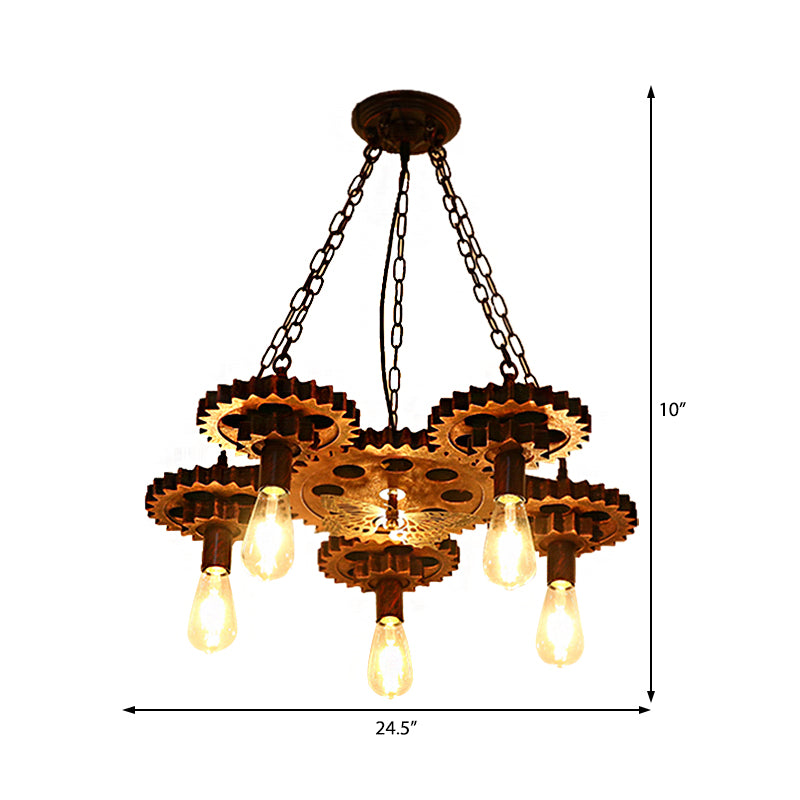 Lámpara colgante de óxido de metal rueda de carretas de 5 luces lámpara de lámpara industrial con cadena