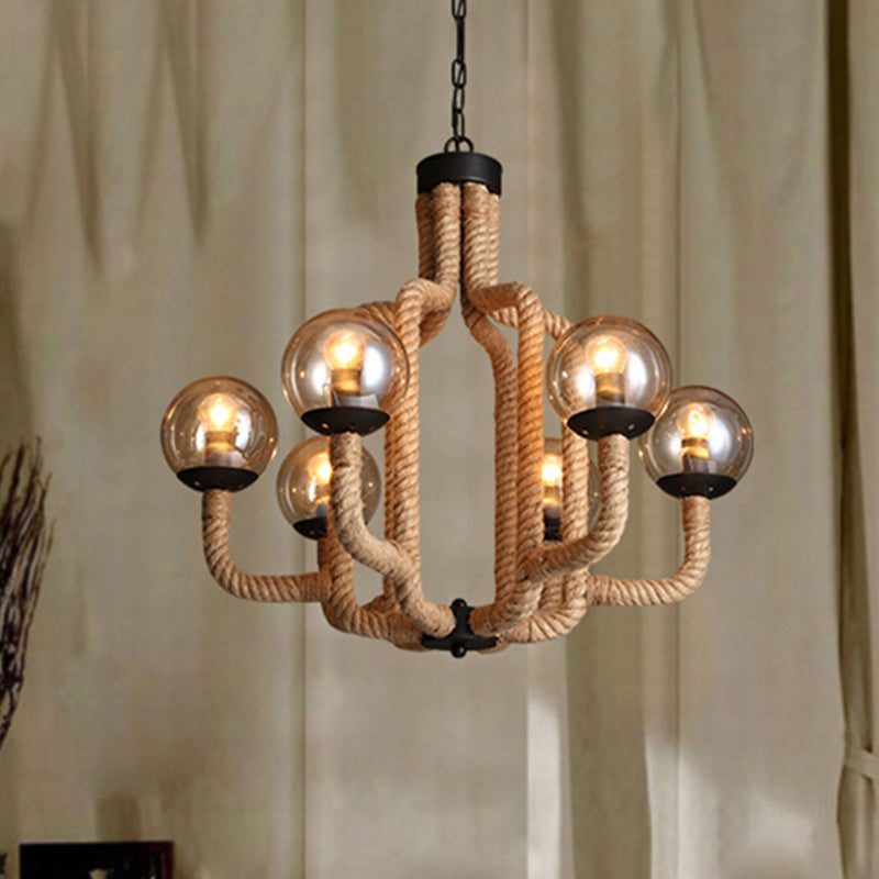 Globe Living Room Pendant Chandelier Industrial Rope 6 Lights Beige Hanging Fixture with Glass Shade