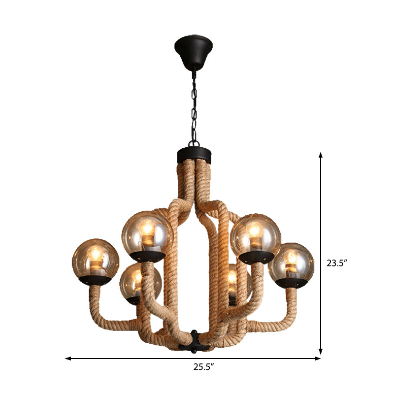 Globe Living Room Pendant Chandelier Industrial Rope 6 Lights Beige Hanging Fixture with Glass Shade