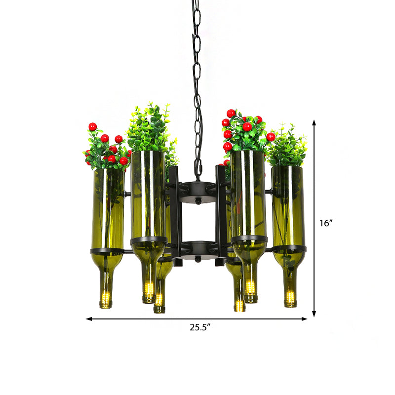 Wijnfles groen glas kroonluchter licht industriële 6-licht eetkamer hanger verlichting met bloem