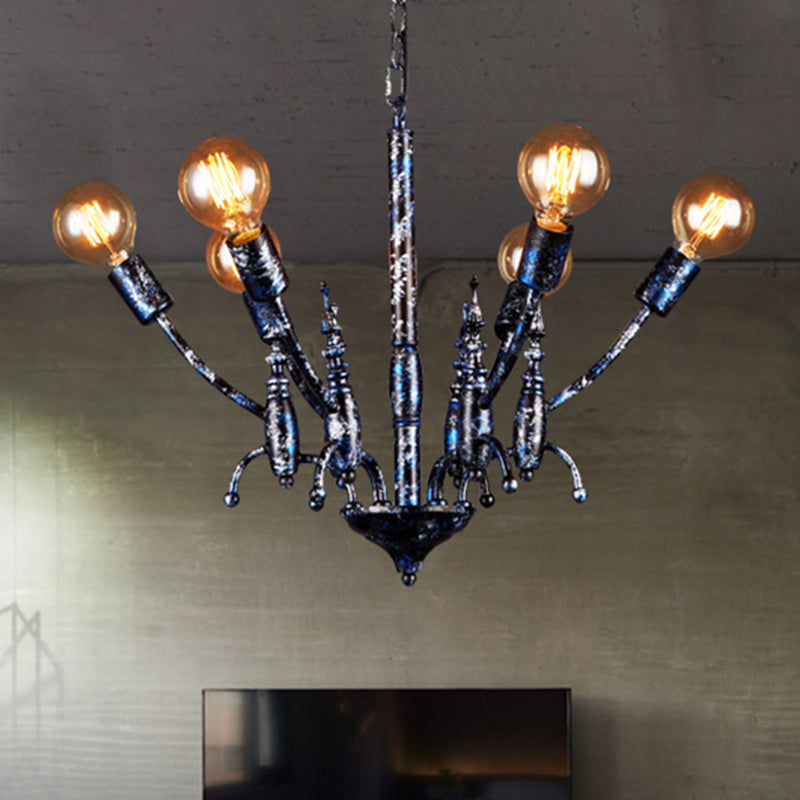 Black 6 Lights Chandelier Light Fixture Vintage Metal Exposed Bulb Pendant Lamp with Sputnik Shade