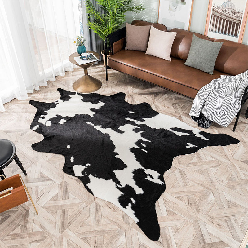 Shaggy Cow Skin Area Rug Black and White Contemporary Rug Polyester Non-Slip Washable Pet Friendly Carpet for Home