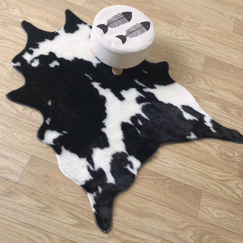 Shaggy Cow Skin Area Rug Black and White Contemporary Rug Polyester Non-Slip Washable Pet Friendly Carpet for Home