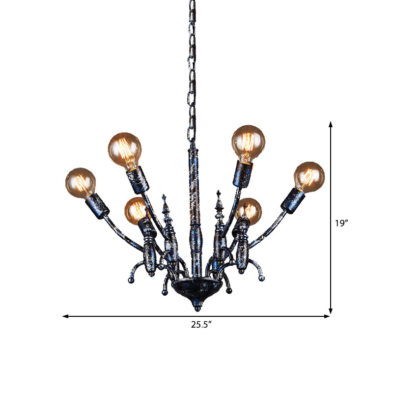 Zwart 6 lichten kroonluchter verlichtingsarmatuur vintage metaal blootgestelde lamp hanger lamp met sputnik schaduw