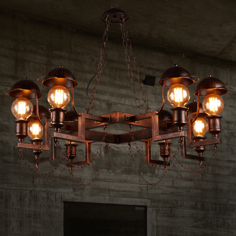 8-Light Dome Shade Semi Flush Light Vintage Rust Amber Glass Lighting Fixture with Metal Frame