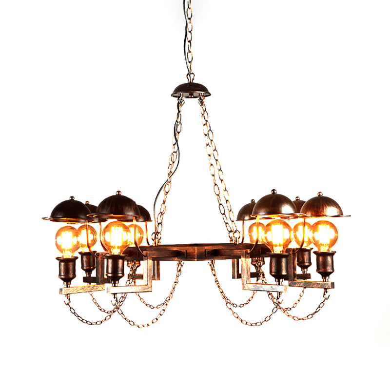 8-Light Dome Shade Semi Flush Light Vintage Rust Amber Glass Lighting Fixture with Metal Frame