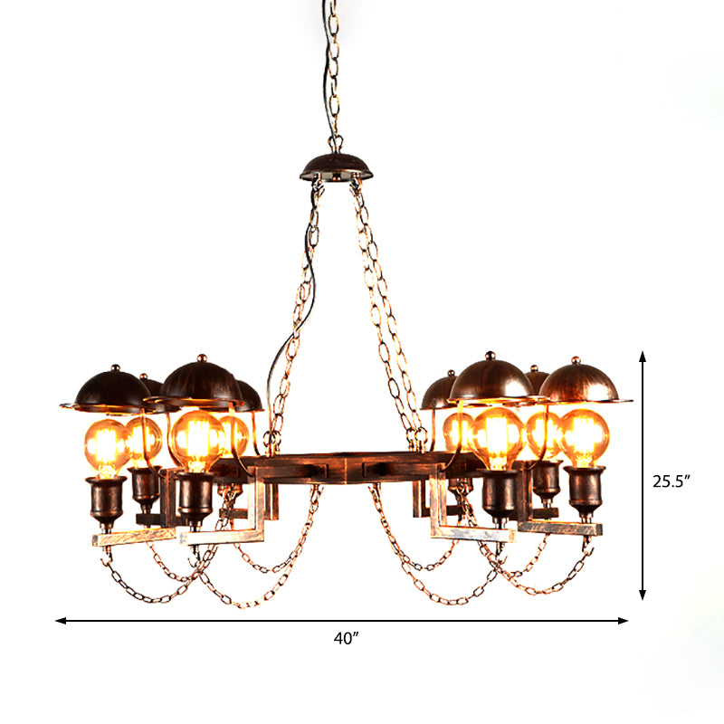 8-Light Dome Shade Semi Flush Light Vintage Rust Amber Glass Lighting Fixture with Metal Frame