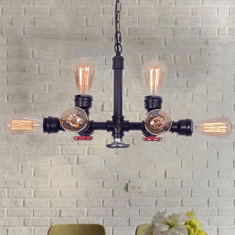 Black Water Pipe Chandelier Lamp Industrial Metal 8-Light Living Room Hanging Light with Valve