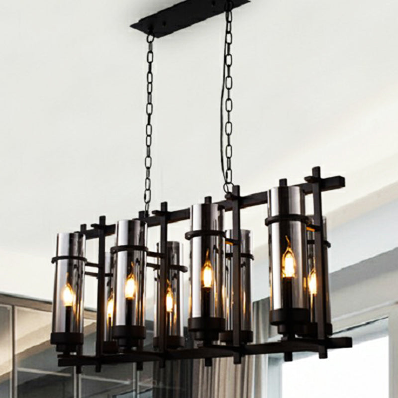 Smoked Glass Black Pendant Lamp Cylinder 8-Light Industrial Chandelier Light Fixture