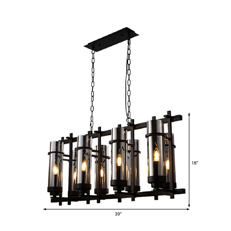 Smoked Glass Black Pendant Lamp Cylinder 8-Light Industrial Chandelier Light Fixture