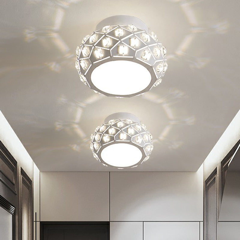 Artistic Drum Shaped Flush Light Crystal Corridor LED Flush Ceiling Light Fixture in White