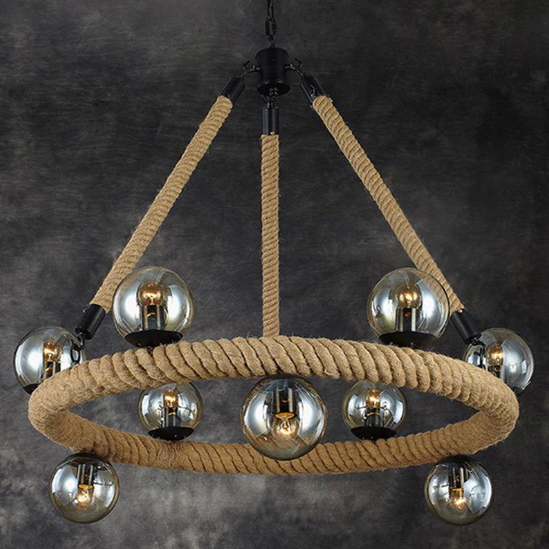 Beige 9 Lights Chandelier Light Fixture Industrial Rope Spherical Pendant Lamp for Dining Room with Glass Shade