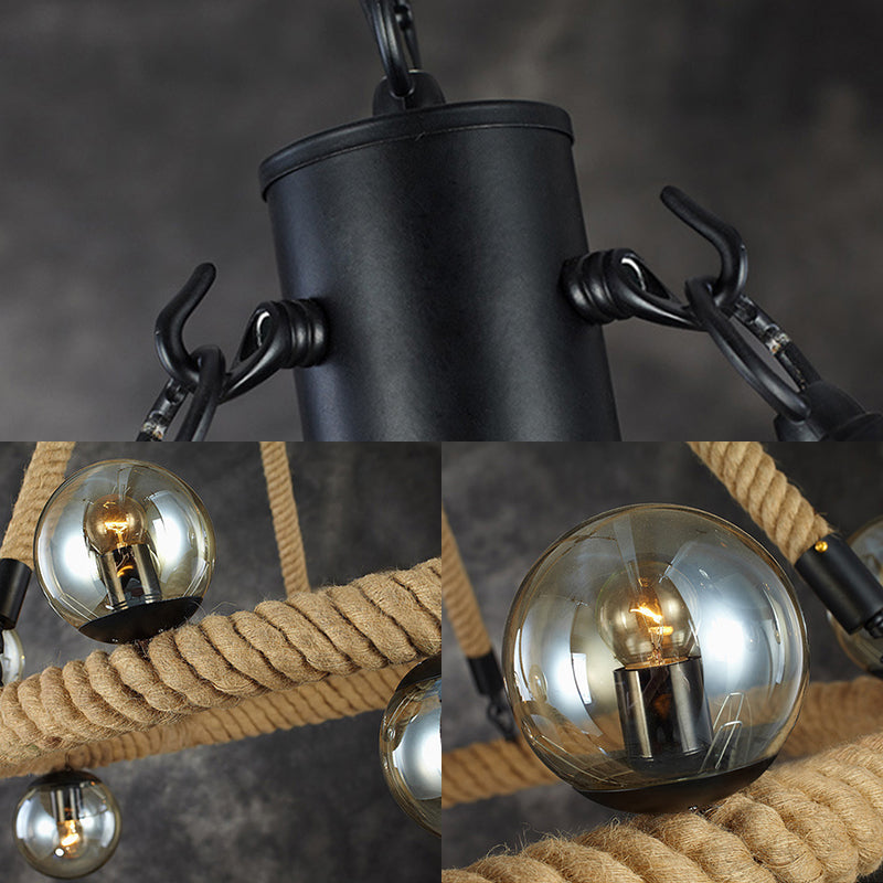 Beige 9 Lights Chandelier Light Fixture Industrial Rope Spherical Pendant Lamp for Dining Room with Glass Shade